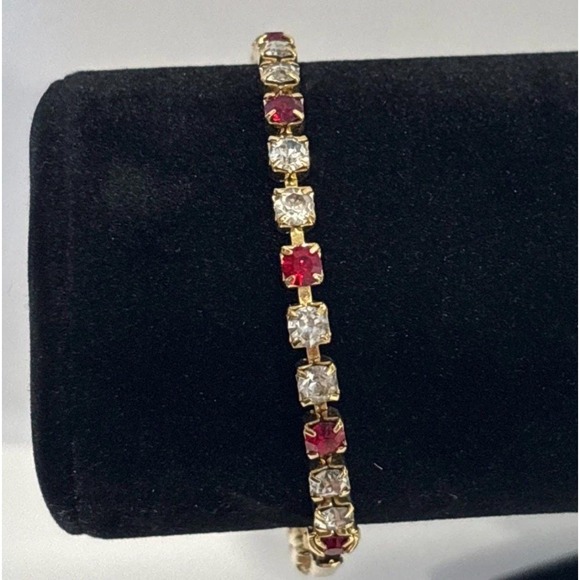 Vintage Red Jewelry - Vintage Ruby Red Clear Rhinestone Tennis Bracelet Gold Tone 7.5" Foldover Clasp